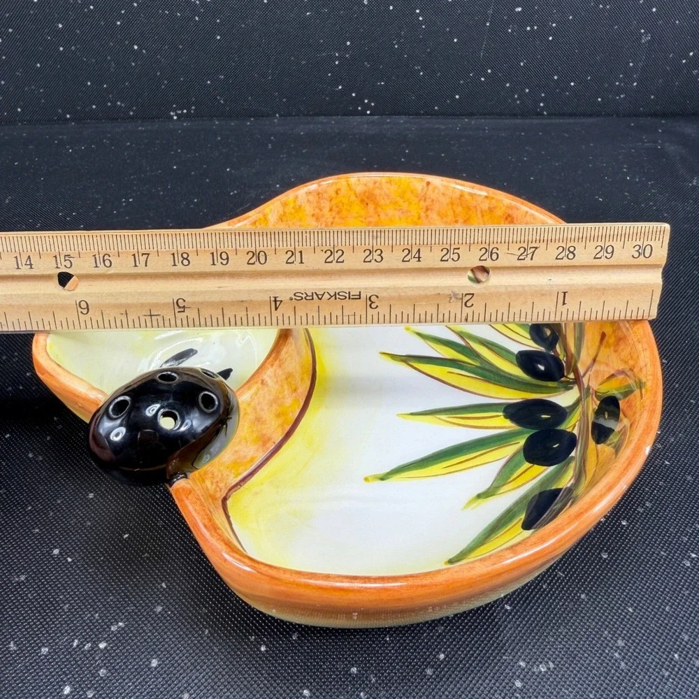 Hand Painted Ceramic Olive Serving Dish Mediterranean Signed 6in Orange Yellow
